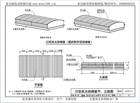 23CJ87-1采光、通風、消防排煙天窗（一）中III型側開式圓拱型電動采光排煙天窗